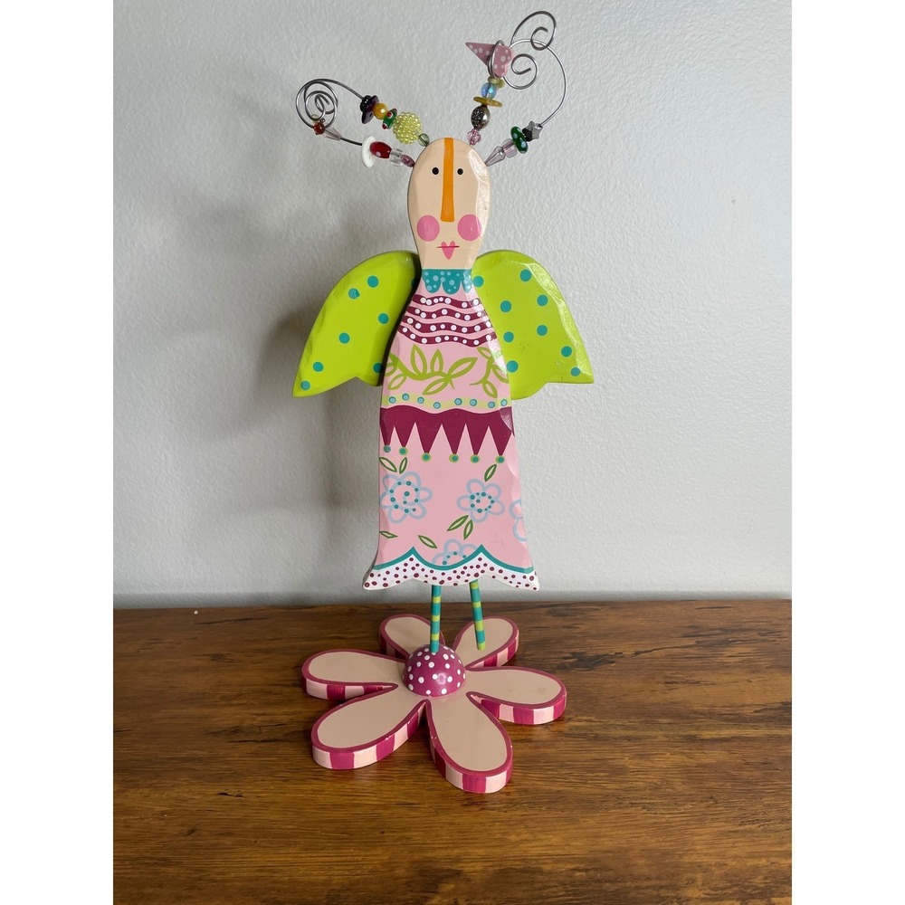 Silvestri Hannabells Johnna Elstob Whimsical Wood Angel Figurine Beaded Wire 16"